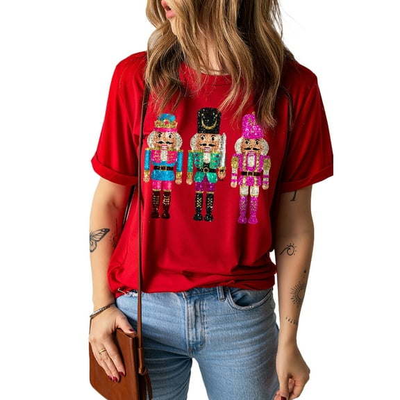 Women's Red Glittering Nutcracker Printed Crewneck T-Shirt for Holiday Cheer | [ZhiHiMeRi] | (US 20-22)2XL