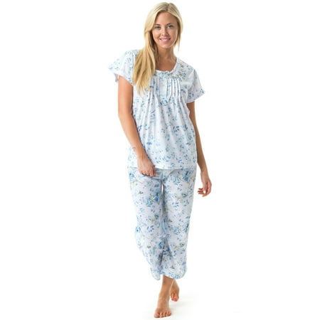 - Casual Nights Women's Short Sleeve Embroidered Floral Capri Pajama Set