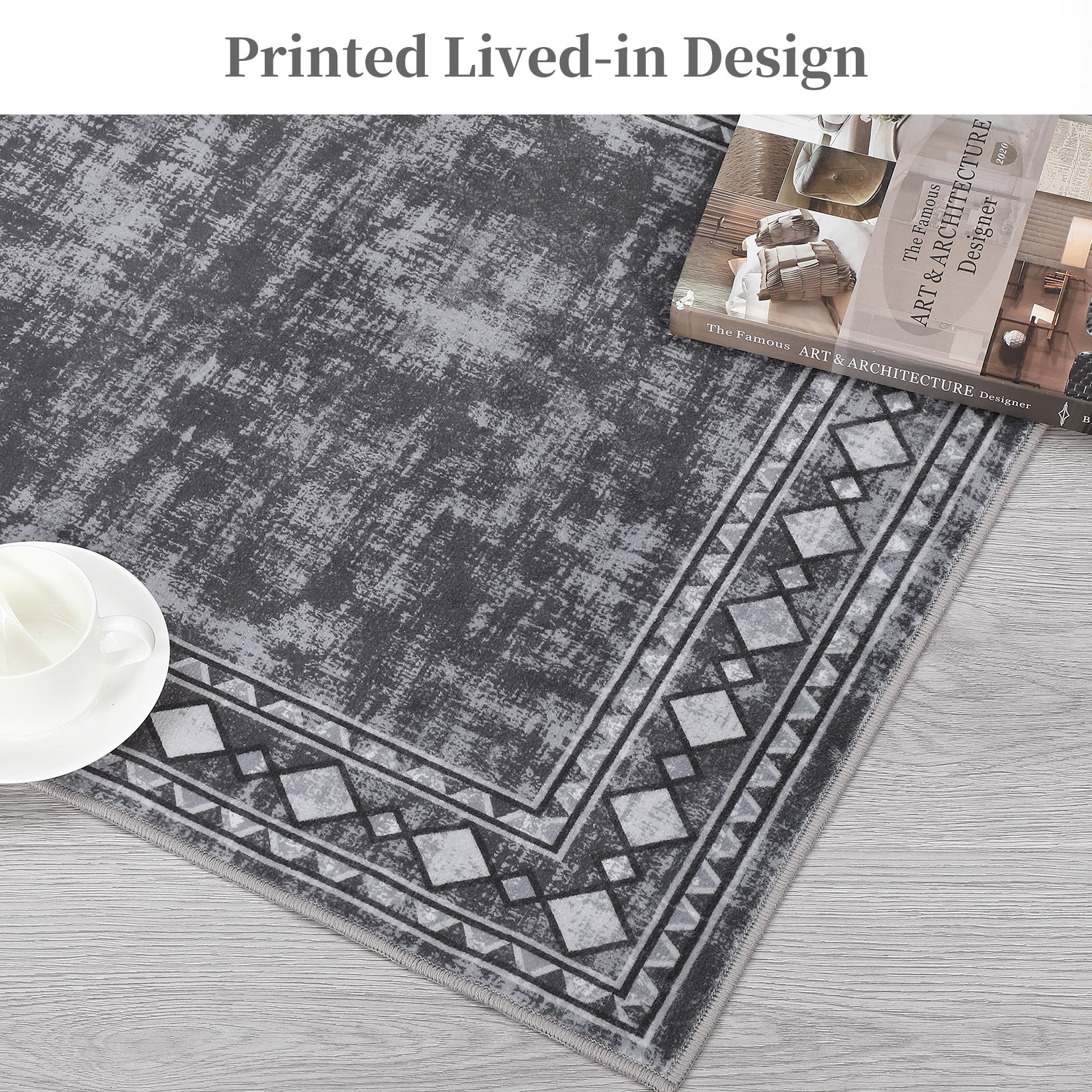 HOMERRY 10' x 13' Area Rug for Living Room Washable Bedroom Geometric Border Indoor Carpet, Gray