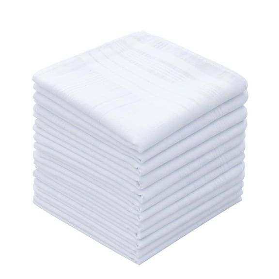 GB Selected Thick 100% Cotton Solid White with Stripe Handkerchief Set of 12, White, 12-Count