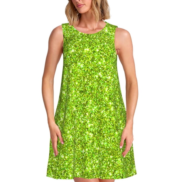 Fotbe Lime green glitter Vestido de Verano sin Mangas para Mujer – Vestido Midi Línea A, Estilo Camiseta Floral, Vestido Playero Casual y Fluido
