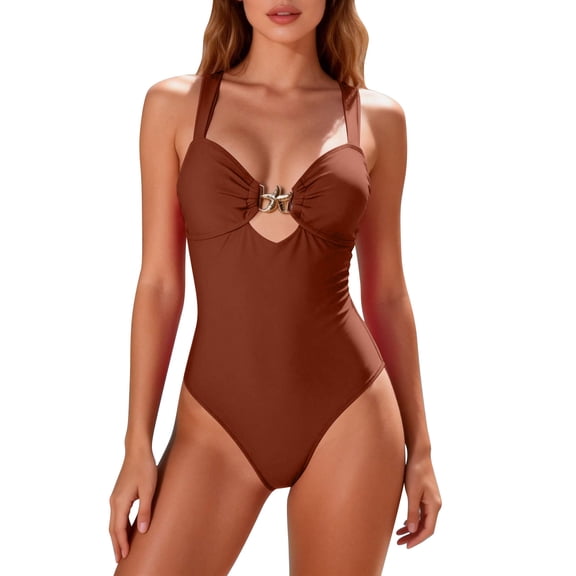 ITSAME Womens One Piece Swimsuit Quick-Dry Tummy Control Slimming Fashion Bathing Suit Brown Size S