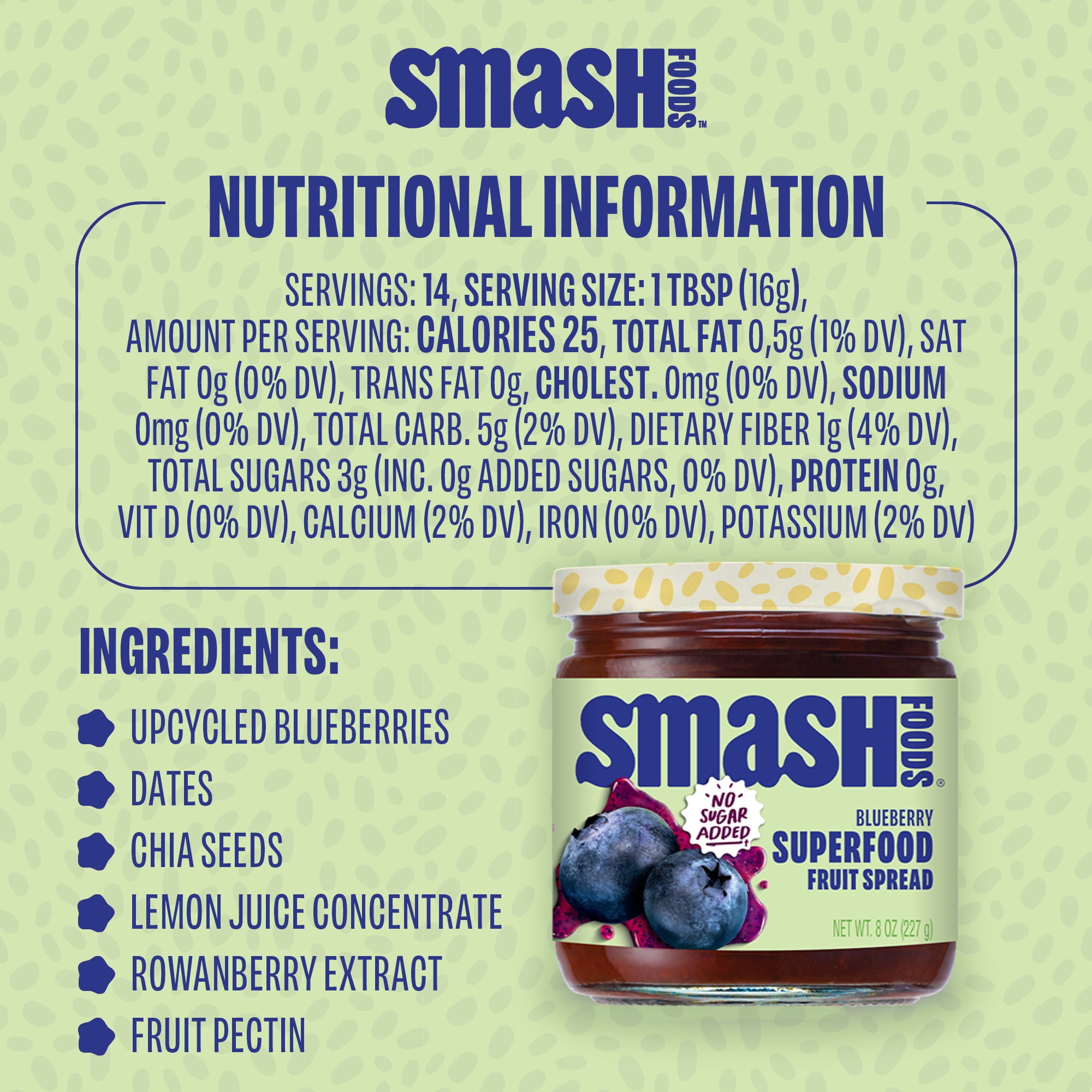 Smash Foods Blueberry Jam, No Sugar Added, Low-Calorie, Vegan (6 Jars)