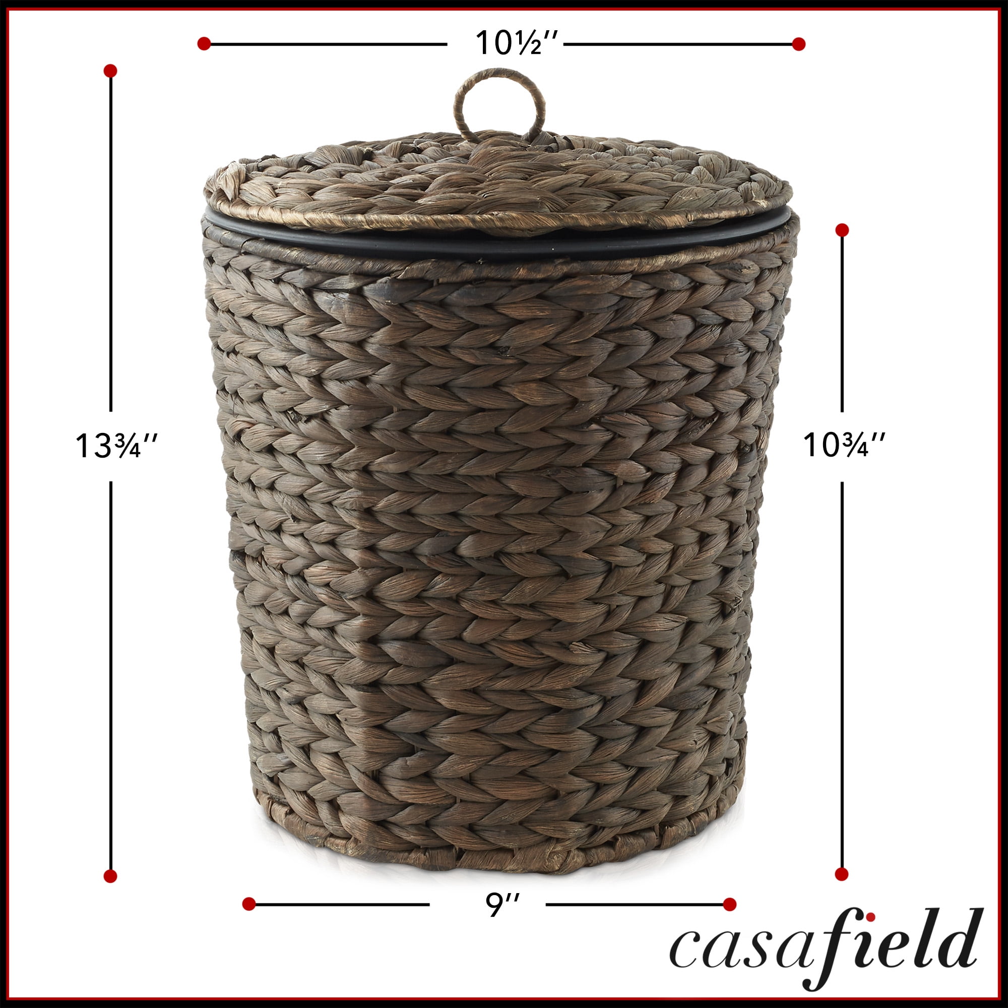 Casafield Hyacinth Trash Can with Lid and Liner, Espresso Brown Wicker Waste Basket for Garbage in the Bathroom, Bedroom, Laundry Room, Home Office