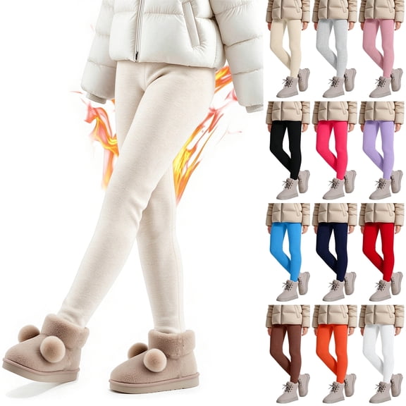 Jinhomg Fleece Lined Leggings Kids Winter Thick Thermal Tights for Girls Elastic Wasit Full Length Pants Beige (3-12 Years)