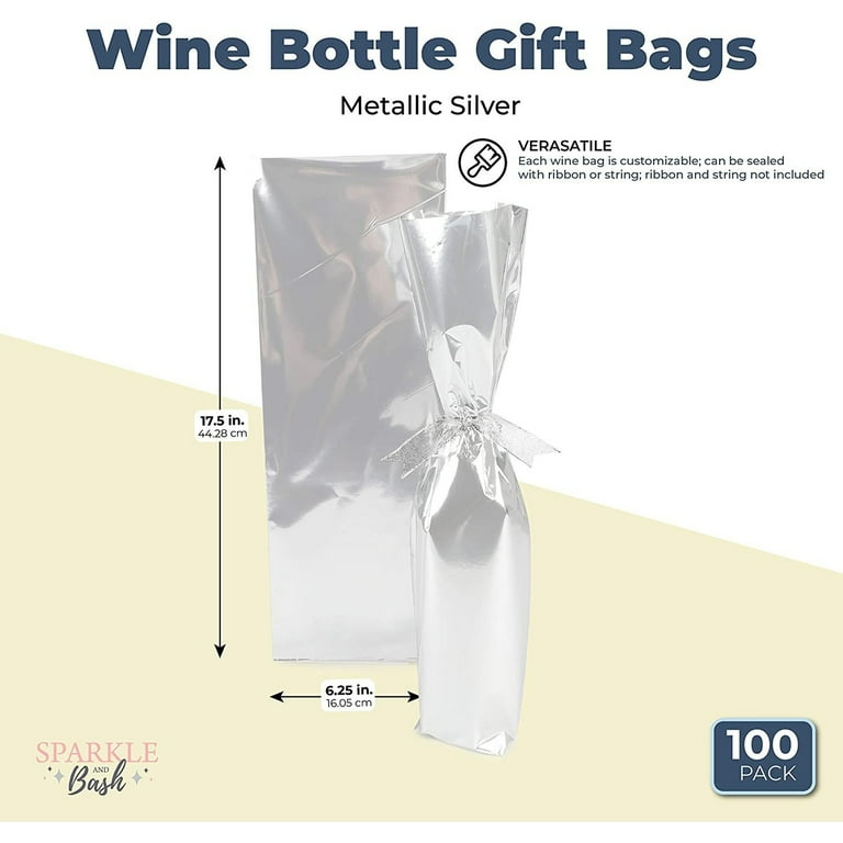 Silver Foil Wine Bottle Gift Bags Metallic Wraps 6.25 x 17.5 in 100 Pack