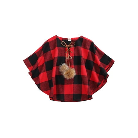 

Sunisery Toddler Baby Girl Christmas Outfits Plaid Poncho Coat Trench Bat Sleeve Pompom Cloak Cape Fall Winter Outwear