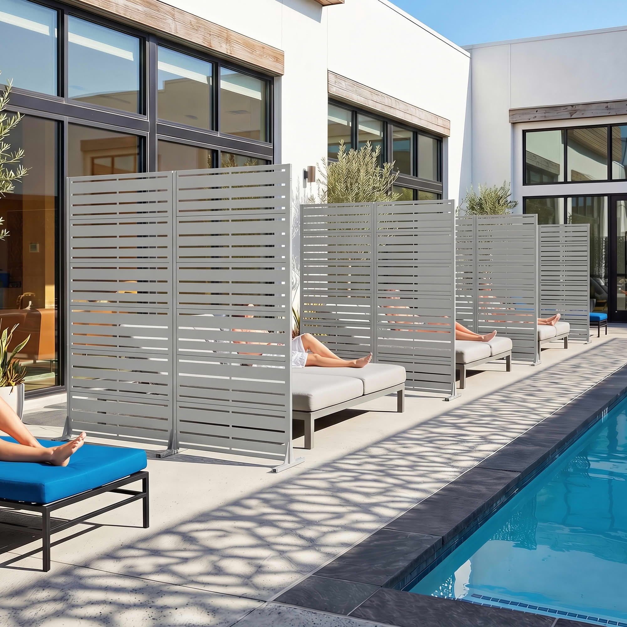MAYEERTY 2-Piece 72"x35" Privacy Screen, Gray 6-Panel Galvanized Steel Louvered Fence, Wide-1 Narrow-2, Freestanding for Patio Backyard