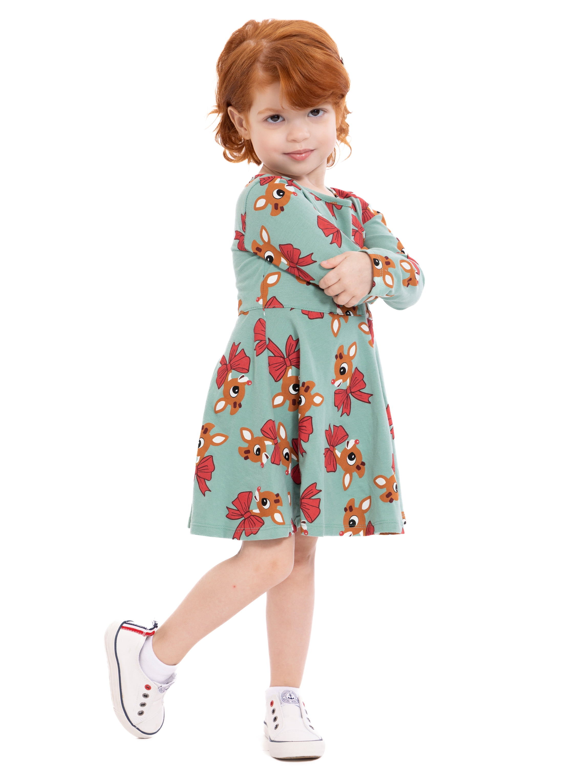 Rudolph Toddler Girls' Print Dress with Long Sleeves, Sizes 12M-5T
