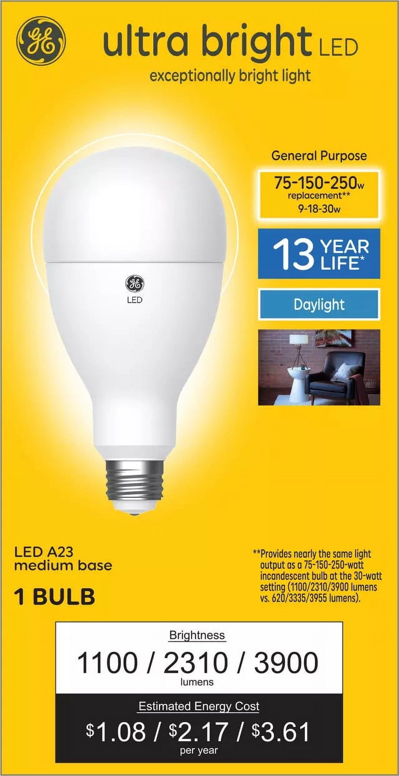 GE Ultra Bright LED 3-Way A23, Soft White, 1100/2310/3900