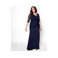 thumbnail image 2 of KIYONNA Robe de Soirée Longue pour Femmes Bleu Marine Extensible à Bord Festonné Froncée à Taille Contrastante avec Encolure à Revers Coupe Évasée + Évasée Grande Taille1X, 2 of 2