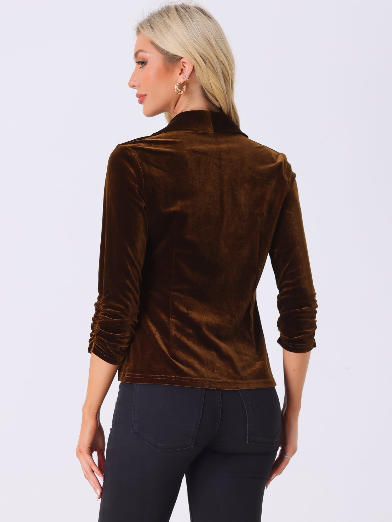 DARING DIVA Women's Velvet Shawl Lapel Collar Open Front Cardigans L Brown