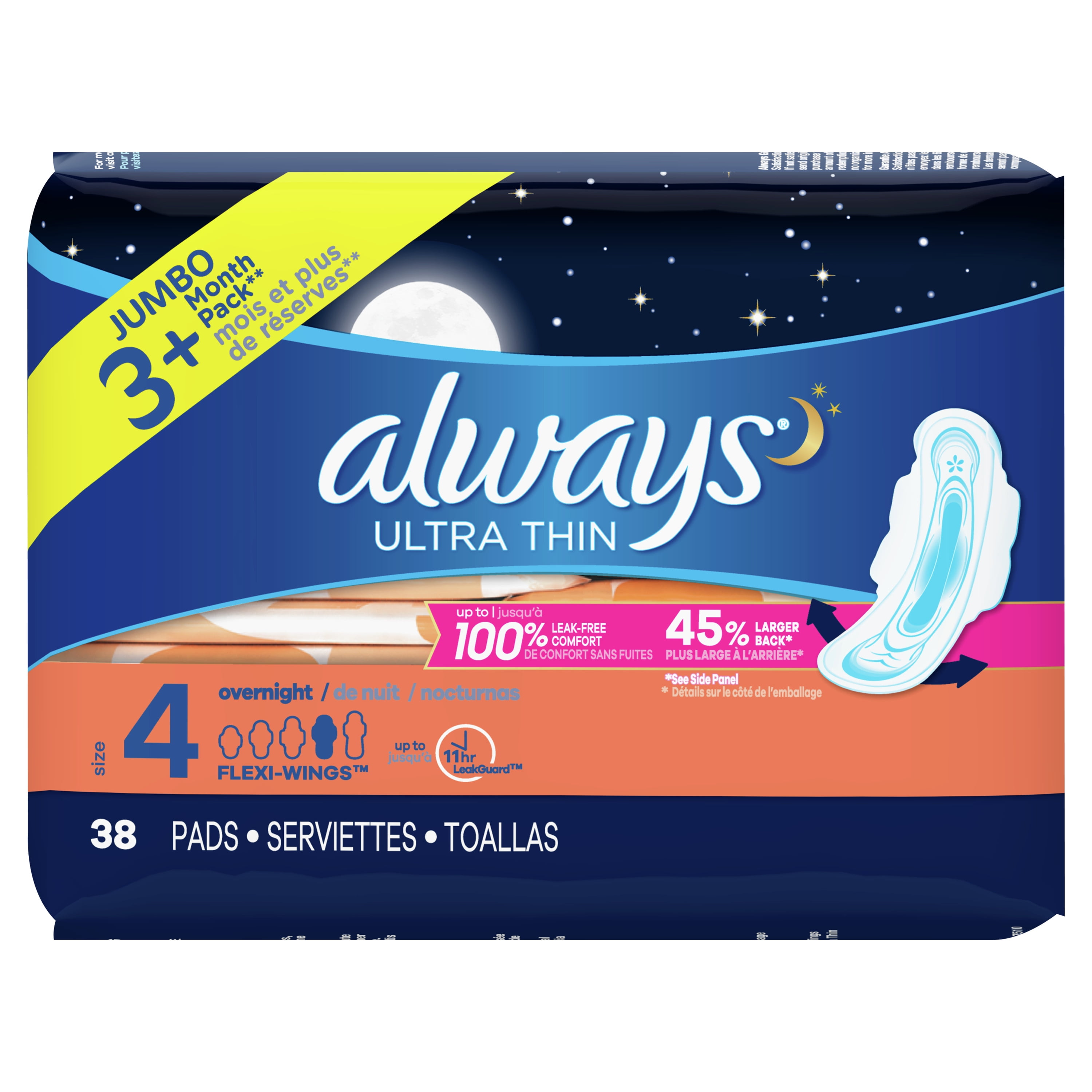 Always Ultra Thin Overnight Pads with Wings, Unscented, Size 4, 38 Ct