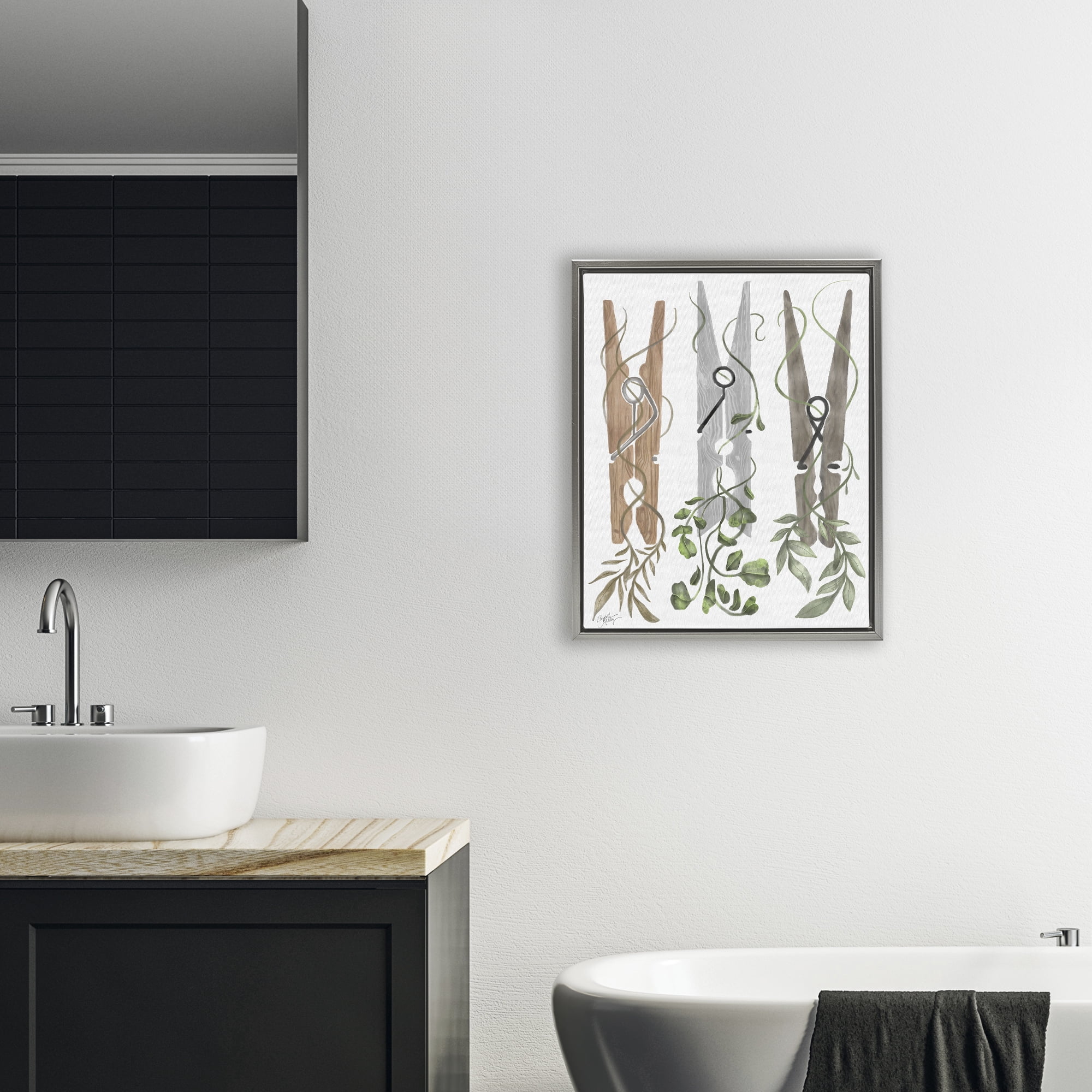 Stupell Industries Ivy Wrapped Clothespins Gray Framed Floater Canvas Wall Art, design by Elizabeth Medley
