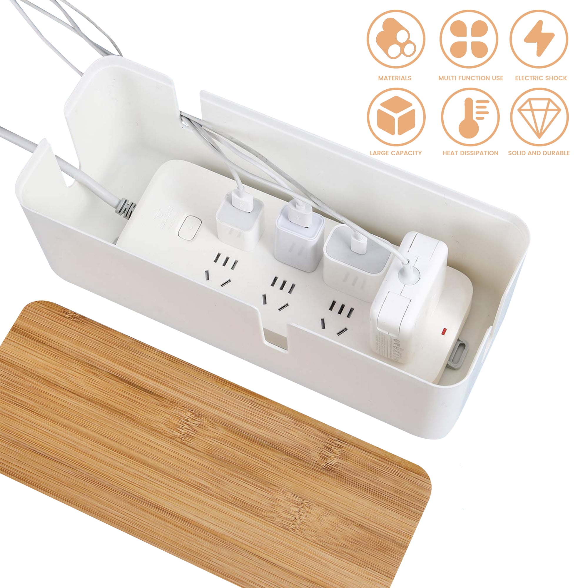 Cable Management Box - 12x 5x 4.5 inches, Cable Cover & Wood Lid, Cord Organizer for Desk TV Computer USB Hub System to Cover and Hide & Power Strips & Cords (Black)