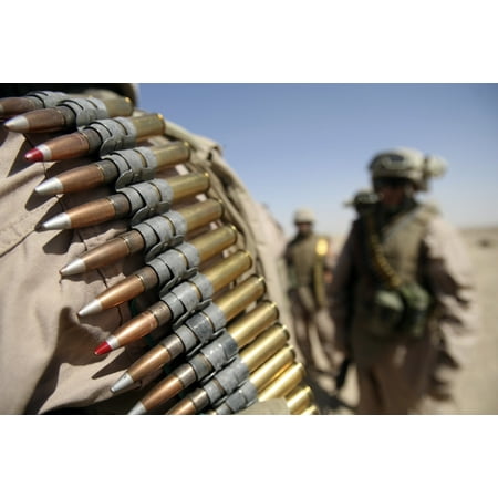 Belts of 50-caliber ammunition hang from the shoulders of Marines Canvas Art - Stocktrek Images (34 x 23)