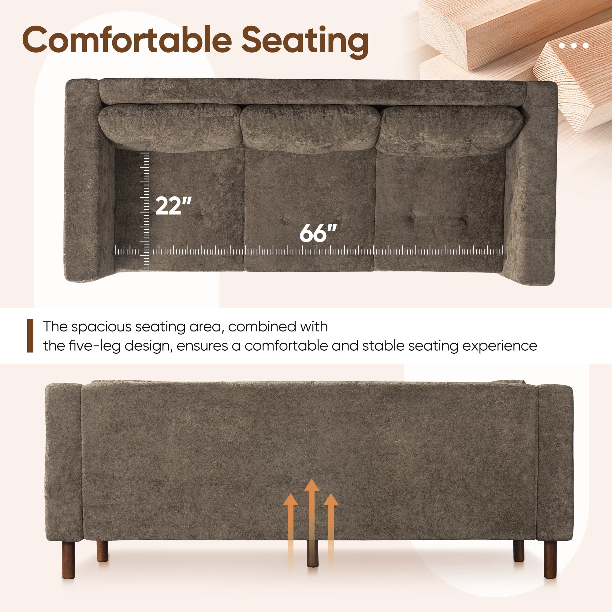 Lunale 78" Chenille 3-Seater Sofa, Modern Mid‑Century Upholstered Couch for Living Room, Apt., Tufted Design & Wood Legs, Dark Brown