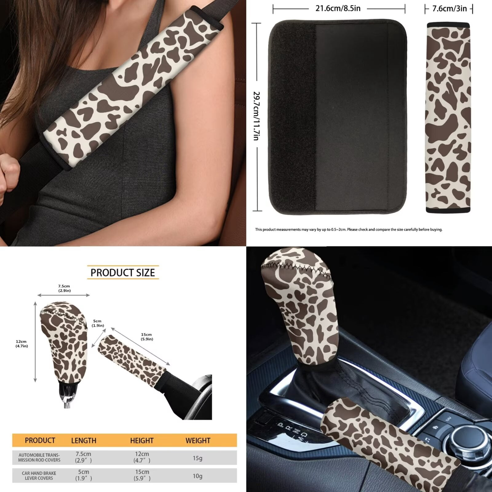 FKELYI 16-Piece Car Interior Set Auto Seat Covers with Steering Wheel Covers Brown Cow Print Seat Belt Pads Headrest Covers Hanbrake Cover Gear Shift Cover Armrest Pad Coasters