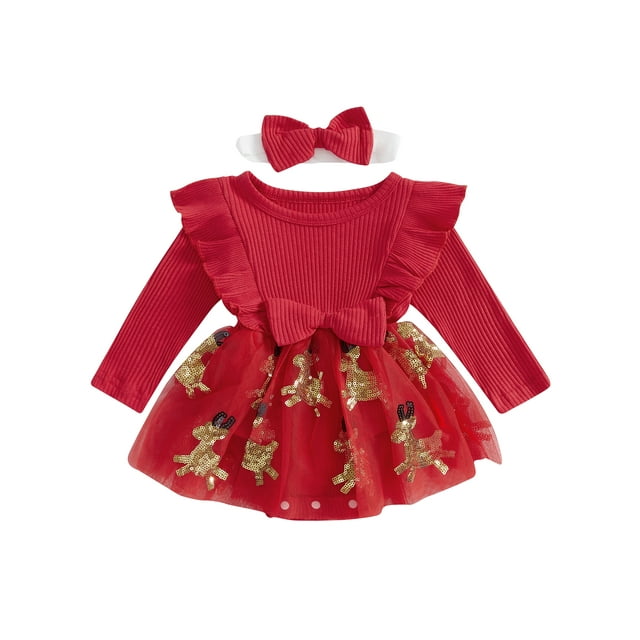 Gupgi Robe Rouge de Noël pour Bébé Fille 3M 6M 12M 18M 24M Barboteuse-Robe à Manches Longues pour Nourrisson avec Paillettes et Cerf avec Bandeau