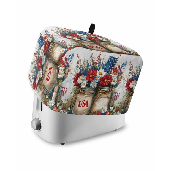 Fsddascl 4th of July Floral Toaster Cover 2 Slice, Small Kitchen Appliance Covers, American Flag Red White Poppy Flowers Toaster Oven Cover with Loop, Bread Machine Cover Polyester Dust Cover