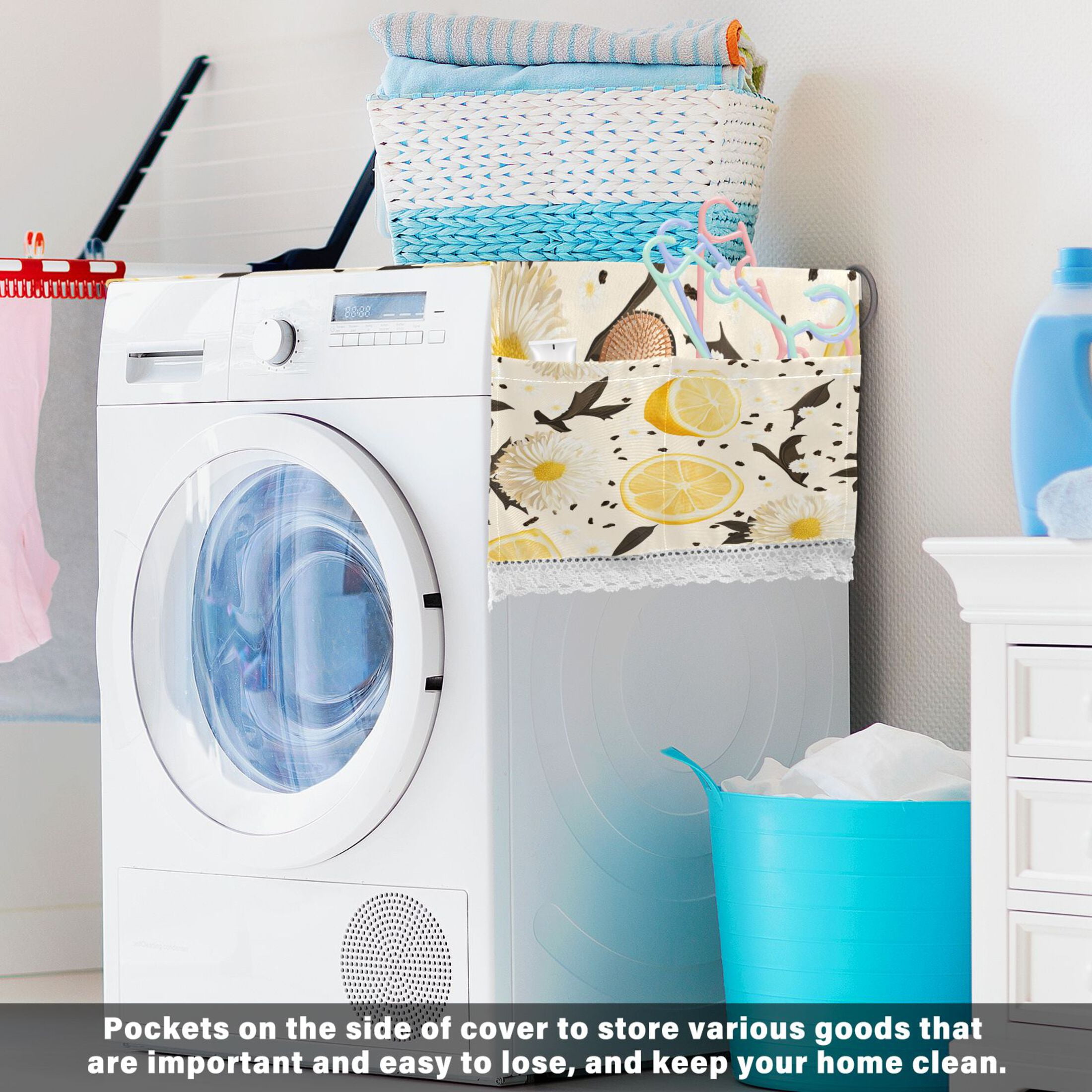 Lemon and Chamomile PatternWasher and Dryer Covers Dust-Proof and Oil Resistant Fridge Cover with 4 Storage Pockets Washing Machine Top Cover for Laundry Kitchen Home 51.2 x 22 In