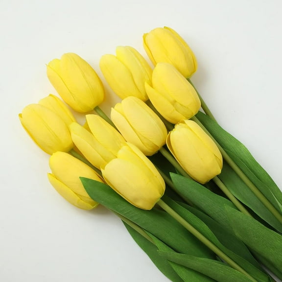10Pcs Yellow Artificial Tulips Silk Flowers, Long Stem and Green Leaves, Fake Flowers Decoration for Vase, Wedding, Party, Kitchen, Office, Home, Bedroom, Table Centerpiece Decor