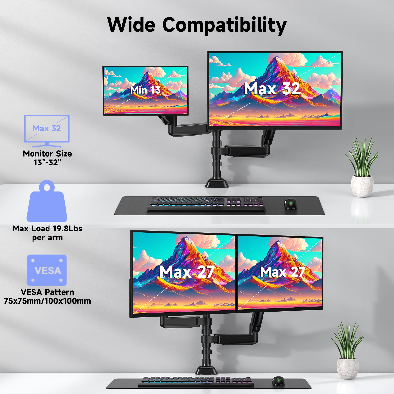 UPERFECT Dual Monitor Stand, Adjustable Desk Mount with Swivel VESA Bracket, Fits 13-32 Inch Screens, 4.4-19.8 lbs Loaded