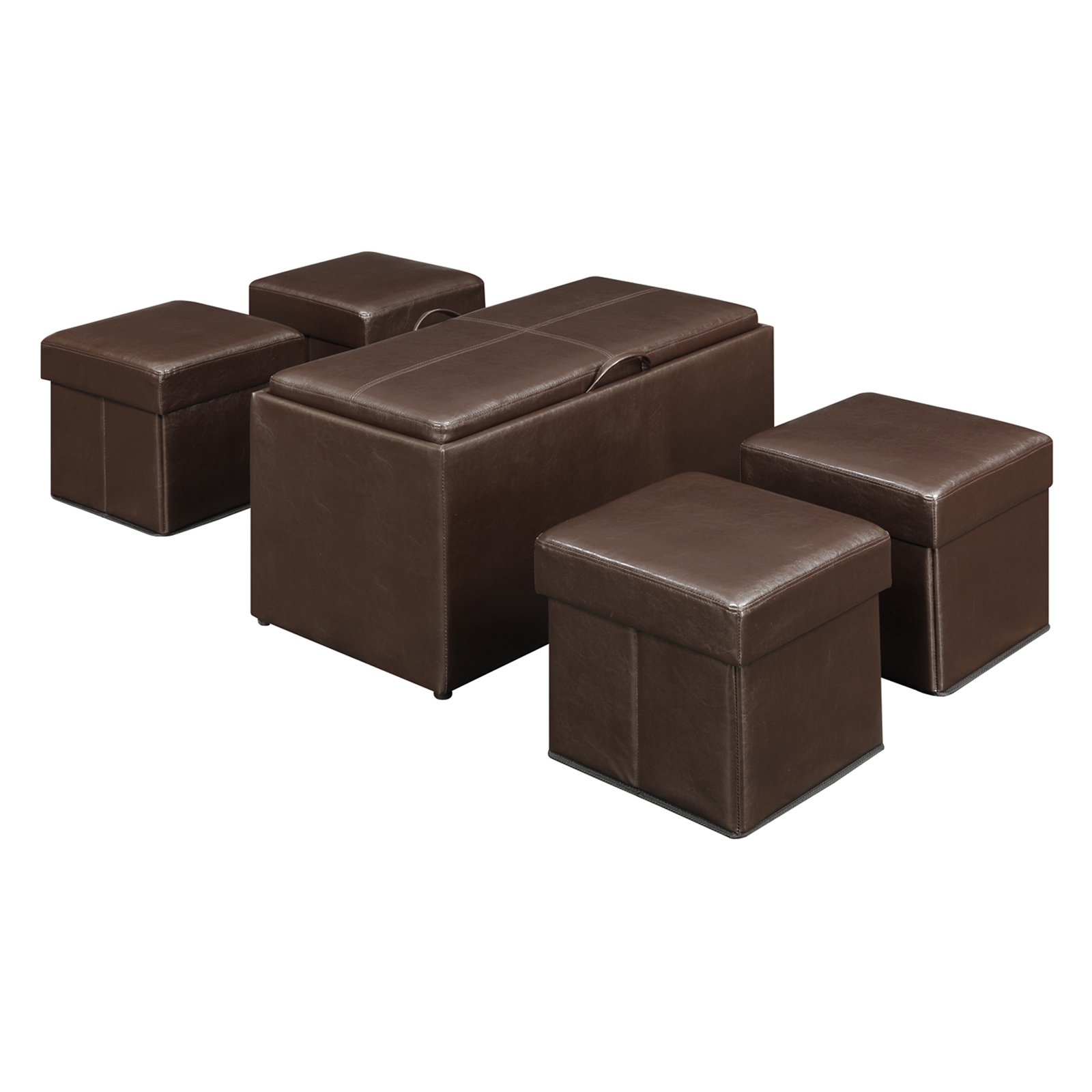 Designs4Comfort Faux Leather Storage Bench with 4 Collapsible Ottomans, Espresso - image 2 of 7