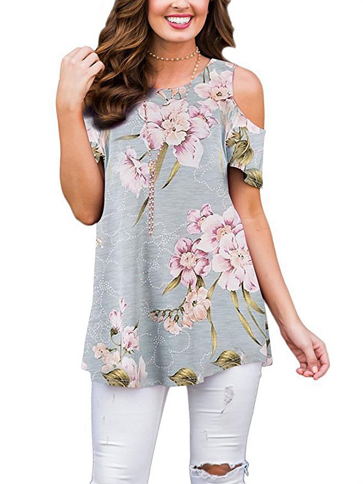 LilyLLL Womens Floral Printed Cold Shoulder Short Sleeve Blouse Shirt ...