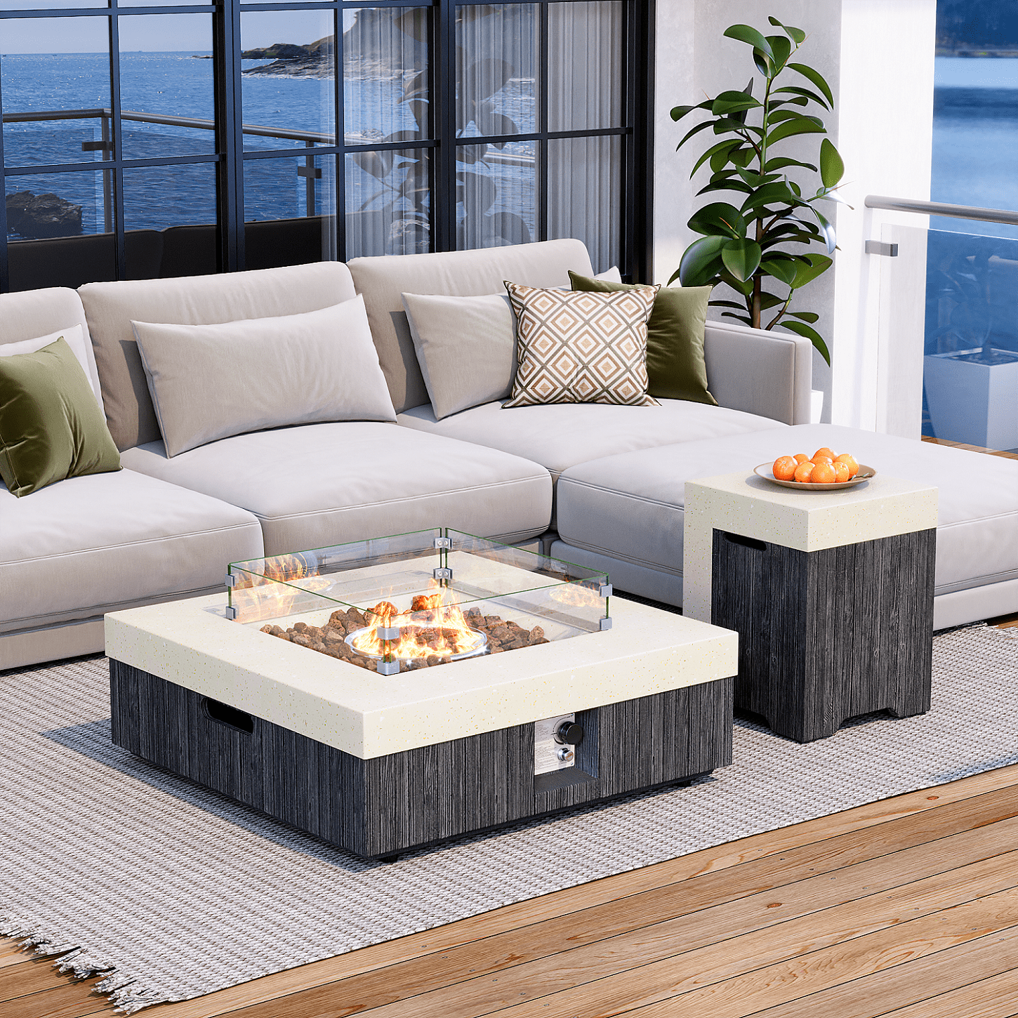 VENTOPYR 35" Square Outdoor Propane Fire Pit Table with Tand and Wind Guard