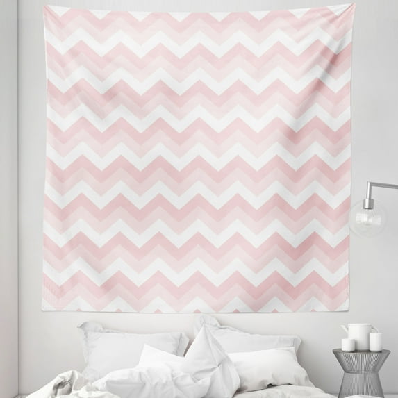 Pink Tapestry, Zigzag Chevron Grunge Pattern in Soft Colors Simplicity Design, Fabric Wall Hanging Decor for Bedroom Living Room Dorm, 5 Sizes, Rose Pale Pink White, by Ambesonne