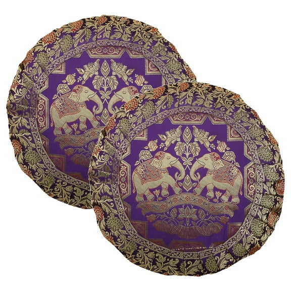 Stylo Culture Indian Brocade Living Room Throw Pillow Covers Purple 17 x 17 Traditional Jacquard Weave Pleated Border Couch Cushion Covers 43x43 cm Satin Elephant Round Pillowcases | Set Of 2
