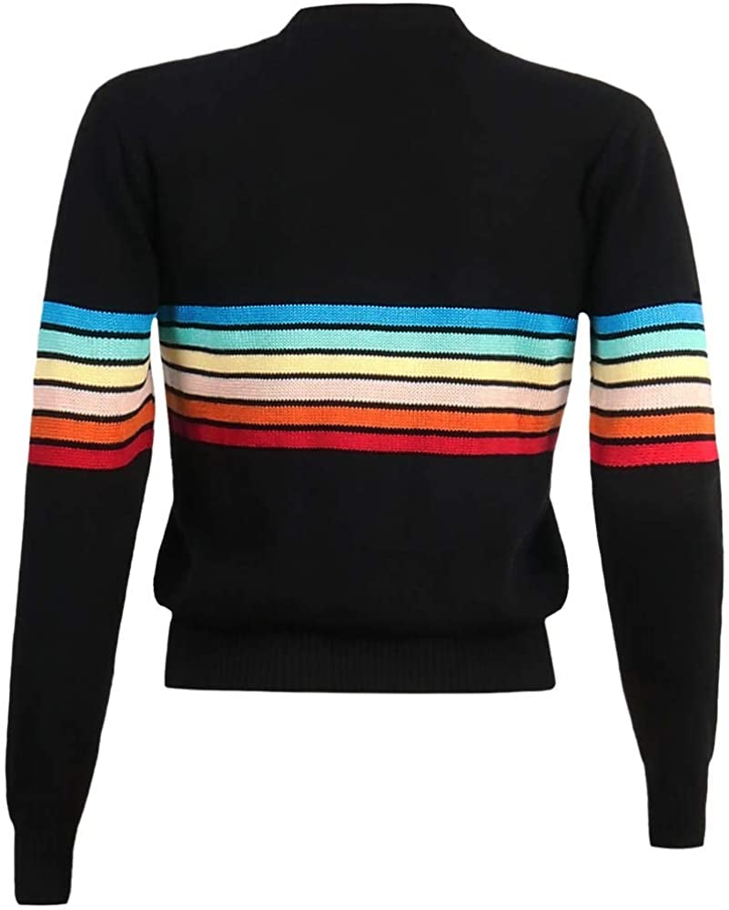 Dainzuy Womens Sweater Colorful Striped Sweaters Long Sleeve V Neck Color Block Casual Buttoned Pullover Blouse Tops 