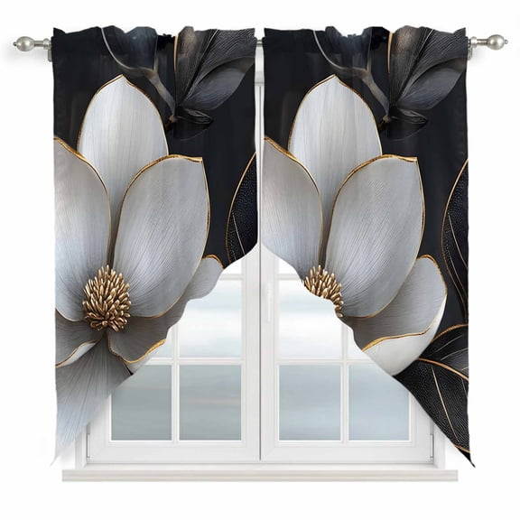 Swag Valance Curtains for Windows, Elegant Flowers Light Filtering Kitchen Curtains with Rod Pocket, Spring Botanical Blossom Floral Black Window Treatment Valances for Living Room, 28x36 - 2 PCS