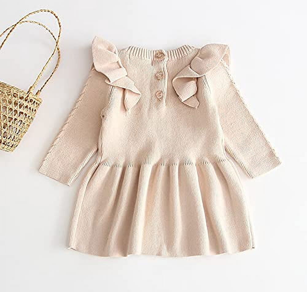 Styles I Love Baby Toddler Girls Knit Sweater Ruffle Long Sleeve Cotton Dress Little Princess Solid Dressy Outfit (Light Beige, 2T)