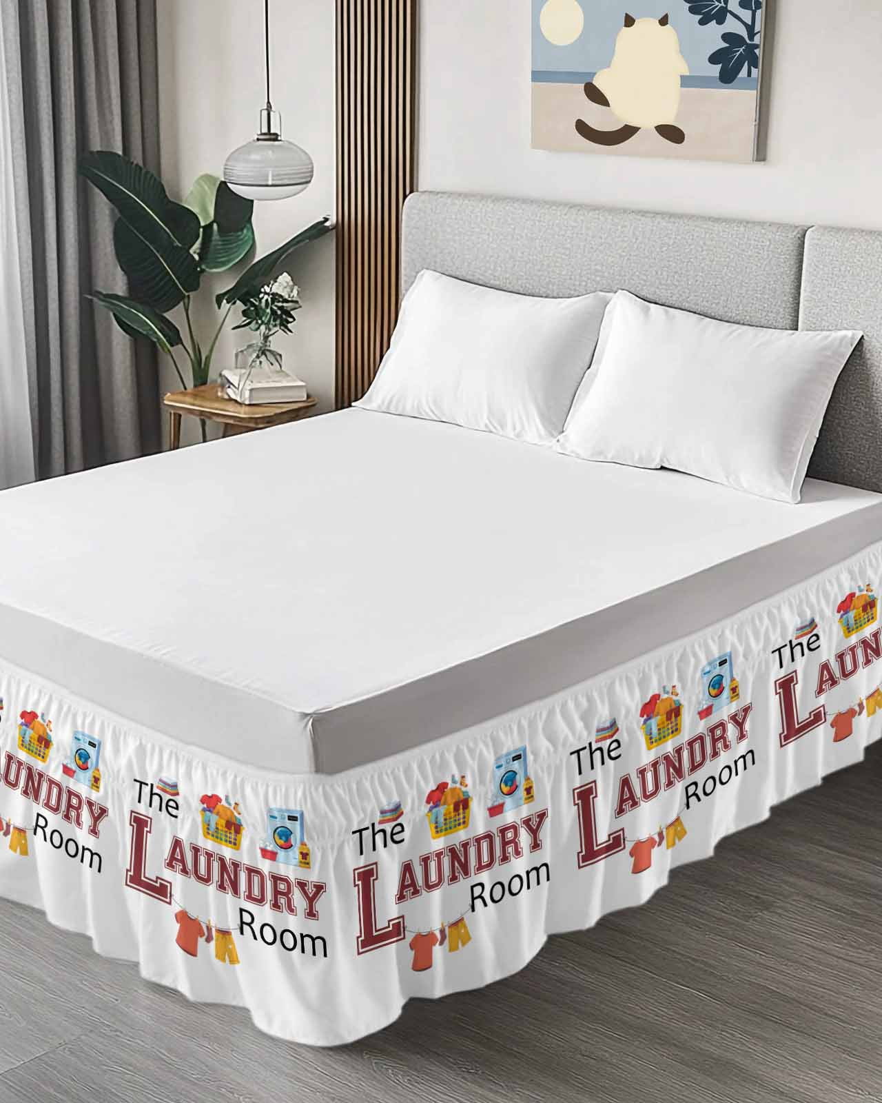 Laundry Room Wrap Around Bed Skirts for Queen Bed 16" Drop, Bed Skirt with Adjustable Elastic Belt Dust Ruffle Bed Valance for Bedroom Hotel Luxury Cartoon Washing Machine Clothes Bed Frame Cover