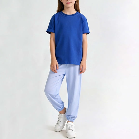1-12Y Kids Solid Color Crew Neck Short Sleeve Top & Elastic Waist Mosquito Repellent Pants Set Black 1-2 Years