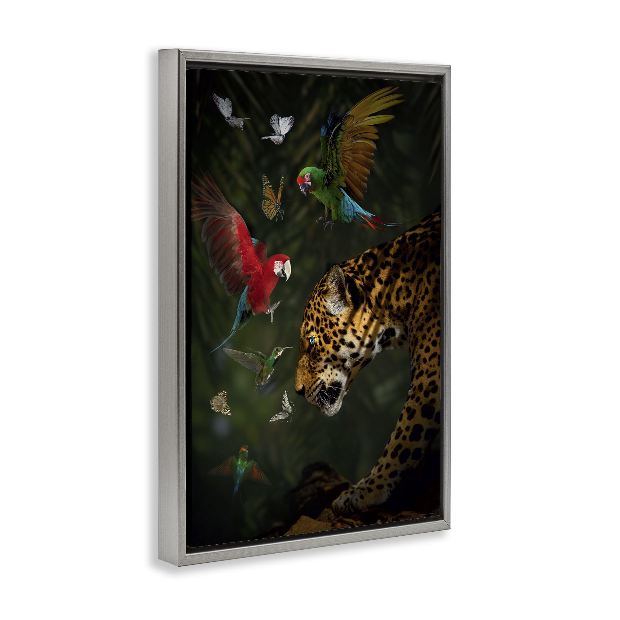 Stupell Industries Jungle Brawl Animals Animals Painting Gray Floater Framed Canvas Art Print Wall Art, 21 x 31