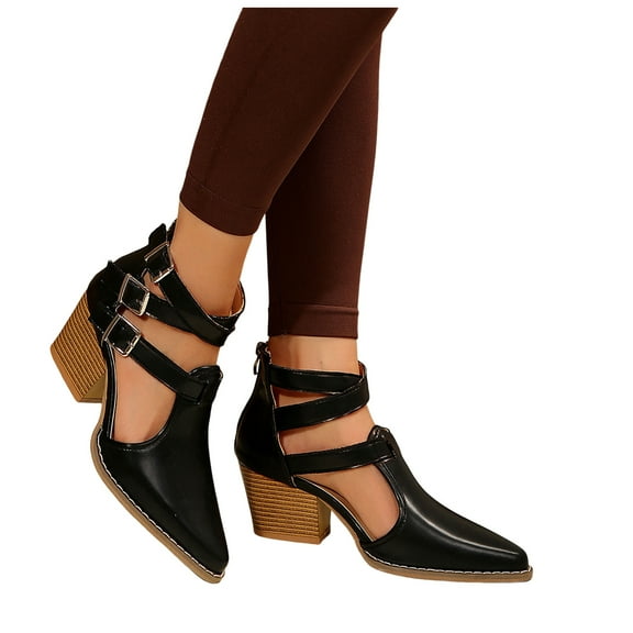 Women's Ankle Booties Dress Shoes Autumn Vintage Punk Leather Pointed Toe Chunky Mid Heels Strappy Pumps