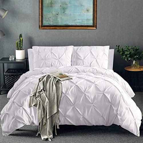 White, Double AFAS Pintuck Duvet Covers Double Size Beds with Zipper Closure Includes 2 Pinch Pleat Pillow Cases and a Compatible Cushion Cover 
