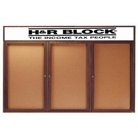 Aarco Products WBC4896-3RH 3-Door Enclosed Bulletin Board with Header - Walnut