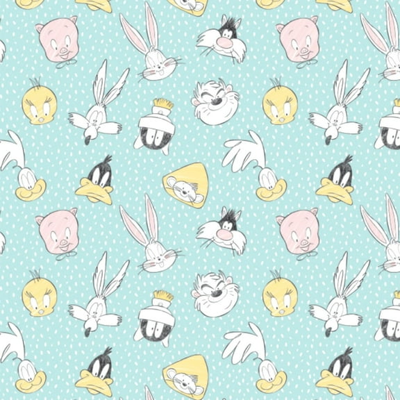 Looney Tunes Little Dreamer Characters On Spots Teal 100% Cotton Sold by The Yard