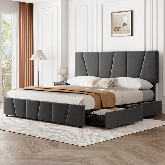 Queen Size Bed Frame with Adjustable Headboard and 4 Storage Drawers, Soft Upholstered Platform Bed Frames with Wooden Slats Support, No Box Spring Needed, Dark Grey