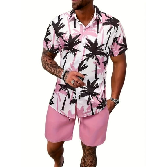 Men's 2 Piece Outfits, Summer Hawaiian Beach Short Sleeve Button Down Shirts And Drawstring Shorts Set Suits, Palm Trees Print Shirts