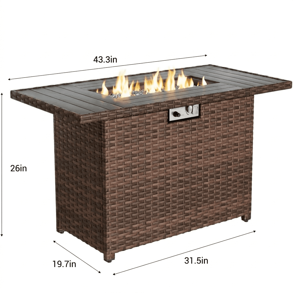 POTEBAN Rattan Propane Gas Fire Table,Outdoor Gas Burning Fire Pit,Outdoor Rattans Wicker-Look Square Fire Table with windscreen for Backyard,Brown