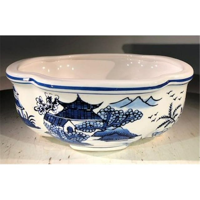 Porcelain Bonsai Pot, Blue & White - Rectangle