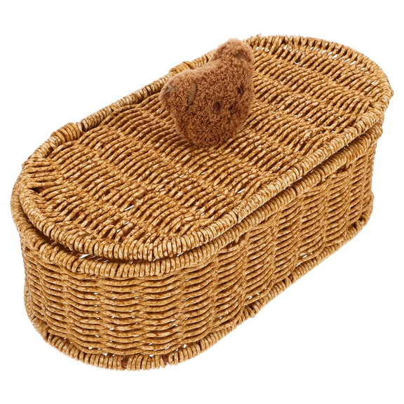 OUNONA Handwoven Imitation Rattan Basket Small Desktop Storage Box with Lid Cute Cartoon Bear Topper 1 Piece Cosmetics Organizer