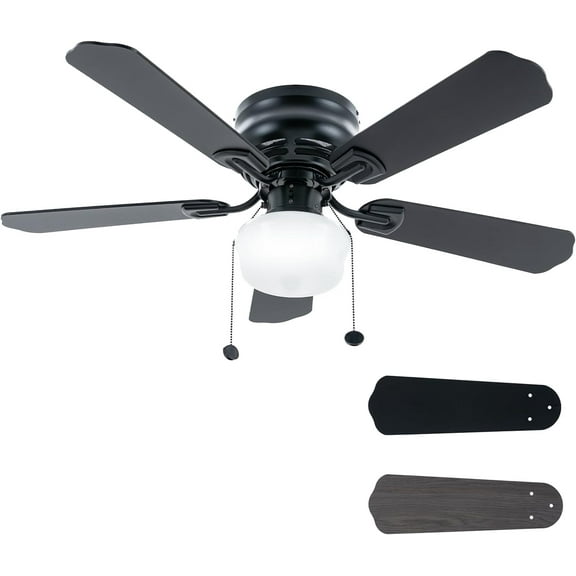 42 Inch Ceiling Fan Traditional: Flush Mount Indoor LED Ceiling Fans with Light - Pull Chain - Dual Finish Blades - Reversible Motor (Matte Black)