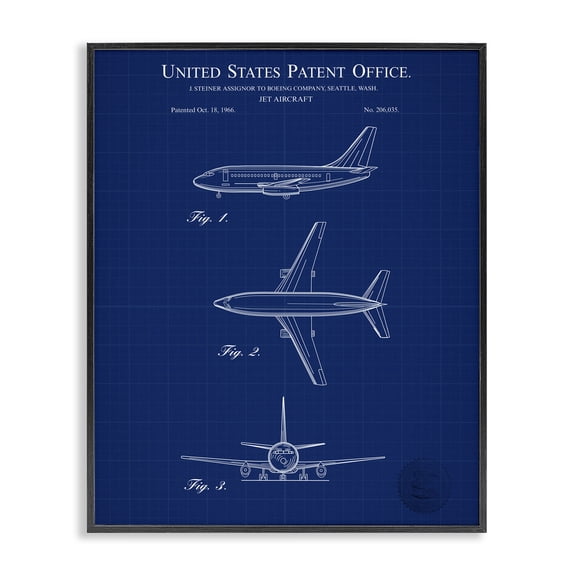 Stupell Industries Modern Jet Aircraft Blueprint Black Framed Giclee Art, 11 x 14, by Karl Hronek