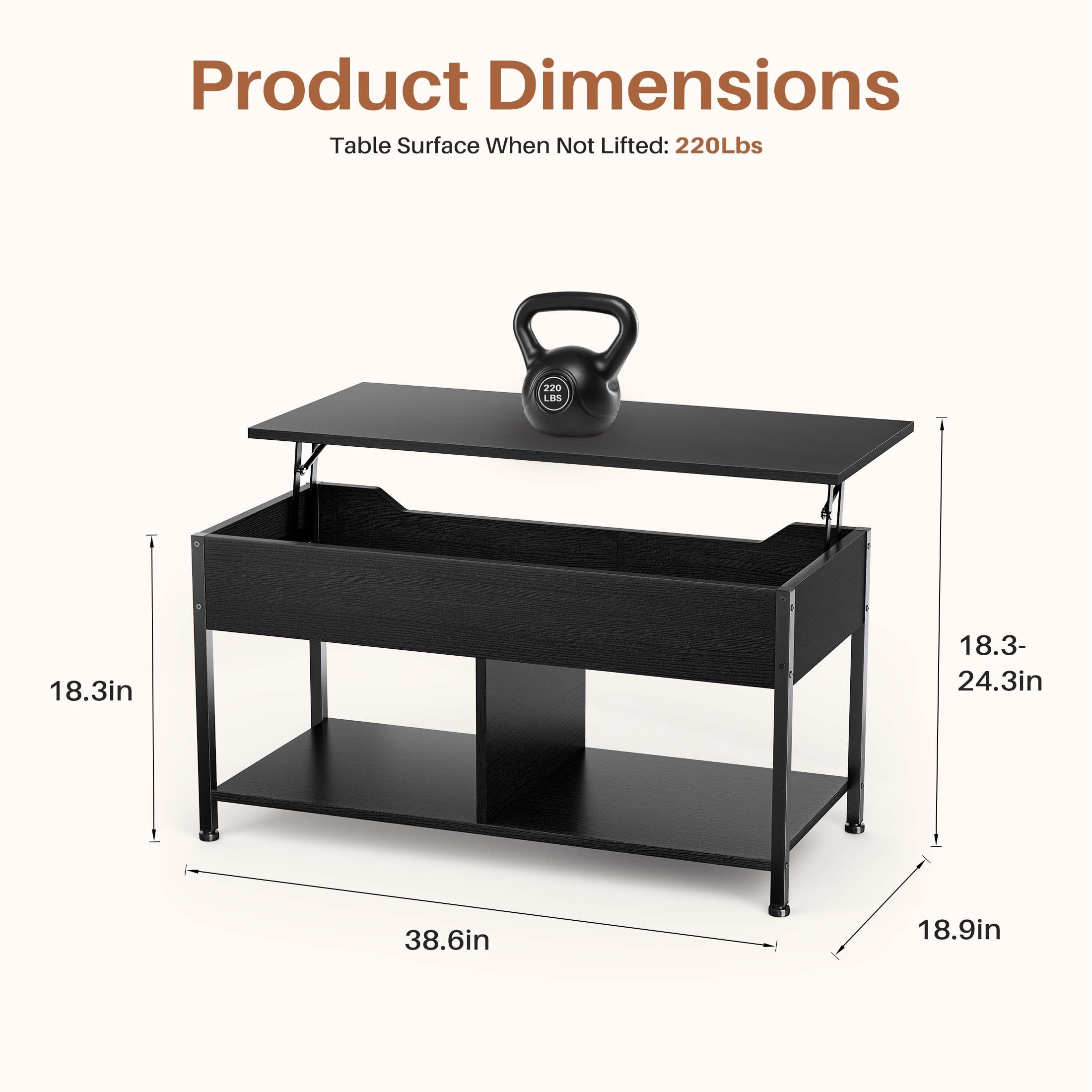 EDX Lift-Top Coffee Table , Adjustable Height Convertible Center Table with Storage, for Living Room, Black